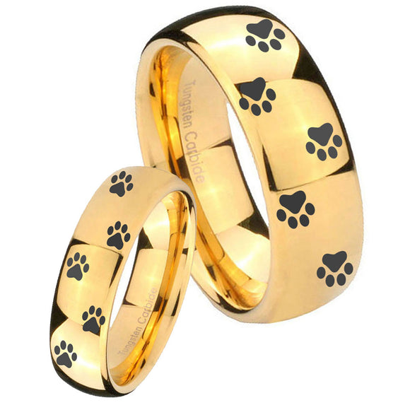 Bride and Groom Paw Print Dome Gold Tungsten Carbide Custom Ring for Men Set