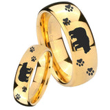 Bride and Groom Bear and Paw Dome Gold Tungsten Carbide Engagement Ring Set