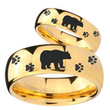Bride and Groom Bear and Paw Dome Gold Tungsten Carbide Engagement Ring Set