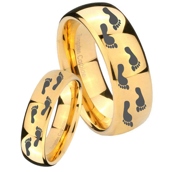 Bride and Groom Foot Print Dome Gold Tungsten Carbide Engraved Ring Set