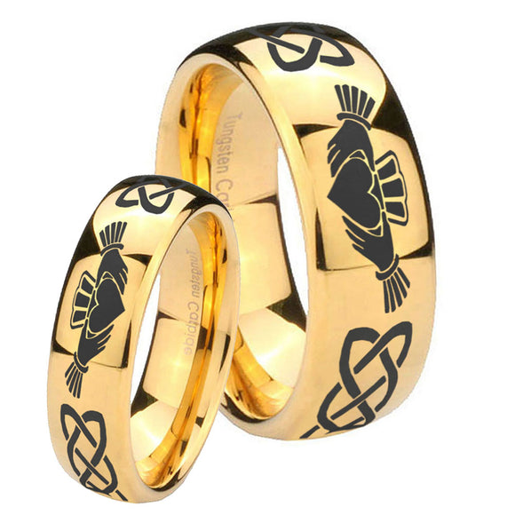 Bride and Groom Irish Claddagh Dome Gold Tungsten Carbide Mens Ring Set