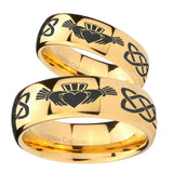 Bride and Groom Irish Claddagh Dome Gold Tungsten Carbide Mens Ring Set