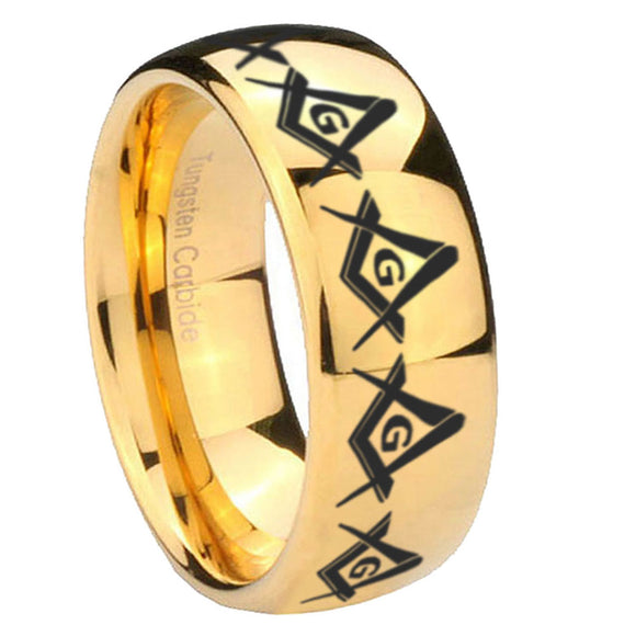 10mm Masonic Square and Compass Dome Gold Tungsten Carbide Wedding Band Mens