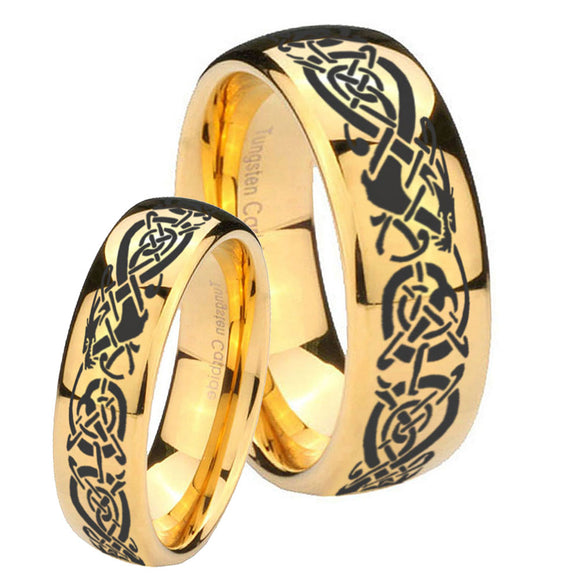 Bride and Groom Celtic Knot Dragon Dome Gold Tungsten Mens Wedding Ring Set