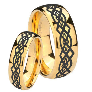 Bride and Groom Celtic Knot Dome Gold Tungsten Carbide Personalized Ring Set