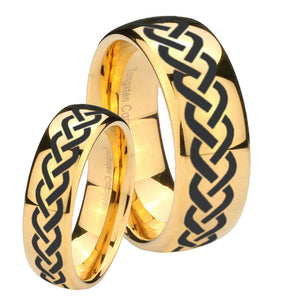 Bride and Groom Laser Celtic Knot Dome Gold Tungsten Men's Engagement Ring Set