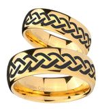 Bride and Groom Laser Celtic Knot Dome Gold Tungsten Men's Engagement Ring Set