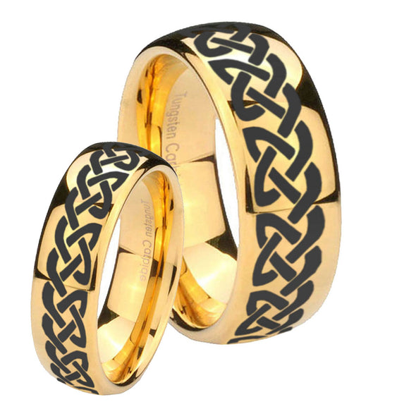 Bride and Groom Celtic Knot Love Dome Gold Tungsten Men's Engagement Ring Set