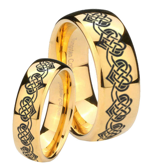 Bride and Groom Celtic Knot Heart Dome Gold Tungsten Men's Engagement Ring Set