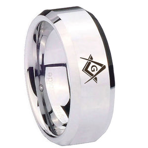 8mm Freemason Masonic Beveled Edges Silver Tungsten Carbide Men's Band Ring