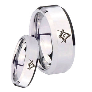 His Hers Freemason Masonic Beveled Edges Silver Tungsten Mens Ring Set