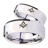 His Hers Freemason Masonic Beveled Edges Silver Tungsten Mens Ring Set