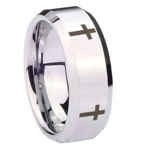 10mm Crosses Beveled Edges Silver Tungsten Carbide Rings for Men