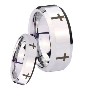 His and Hers Crosses Beveled Edges Silver Tungsten Men's Wedding Band Set