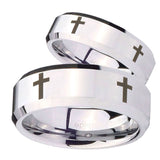 His and Hers Crosses Beveled Edges Silver Tungsten Men's Wedding Band Set