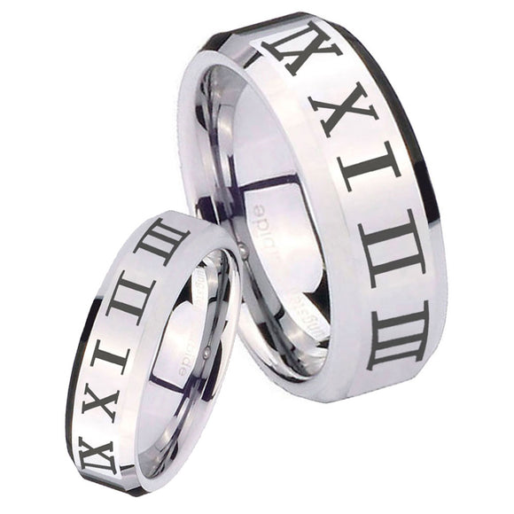 His Hers Roman Numeral Beveled Edges Silver Tungsten Personalized Ring Set