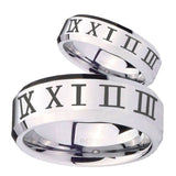 His Hers Roman Numeral Beveled Edges Silver Tungsten Personalized Ring Set