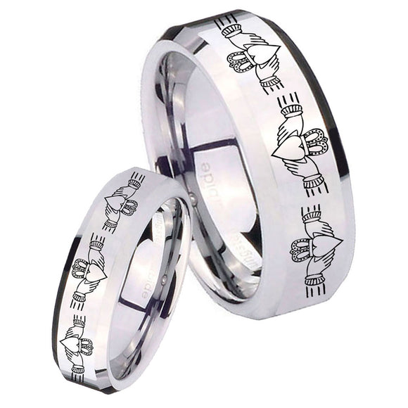 His Hers Irish Claddagh Beveled Edges Silver Tungsten Mens Engagement Band Set