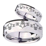His Hers Irish Claddagh Beveled Edges Silver Tungsten Mens Engagement Band Set