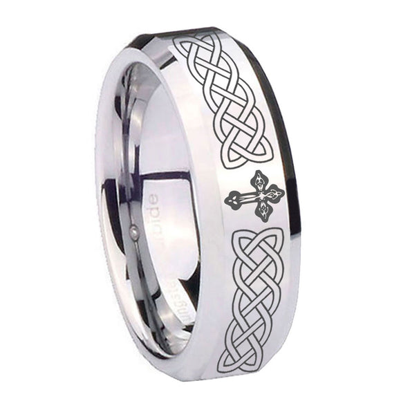 10mm Celtic Cross Beveled Edges Silver Tungsten Carbide Mens Anniversary Ring