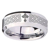 10mm Celtic Cross Beveled Edges Silver Tungsten Carbide Mens Anniversary Ring