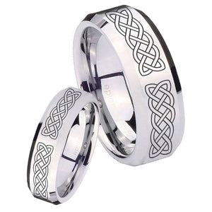 His Hers Celtic Knot Beveled Edges Silver Tungsten Mens Engagement Ring Set