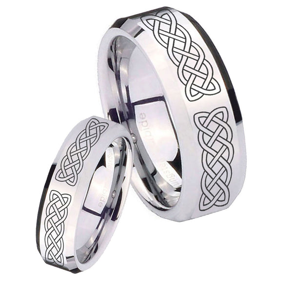 His Hers Celtic Knot Beveled Edges Silver Tungsten Mens Engagement Ring Set