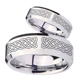 His Hers Celtic Knot Beveled Edges Silver Tungsten Mens Engagement Ring Set