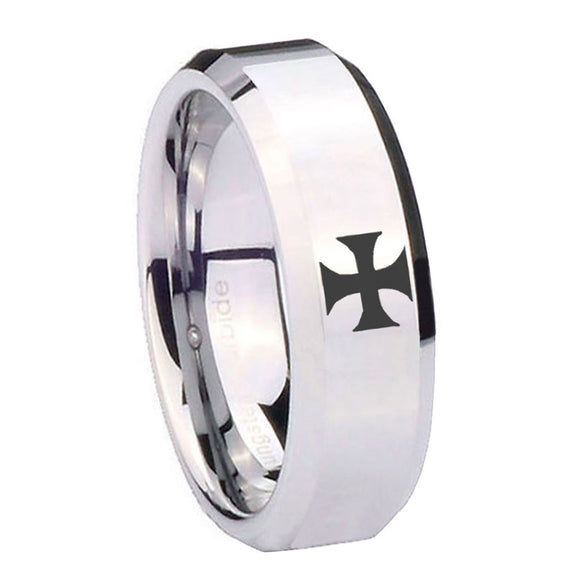 10mm Maltese Cross Beveled Edges Silver Tungsten Carbide Wedding Engraving Ring