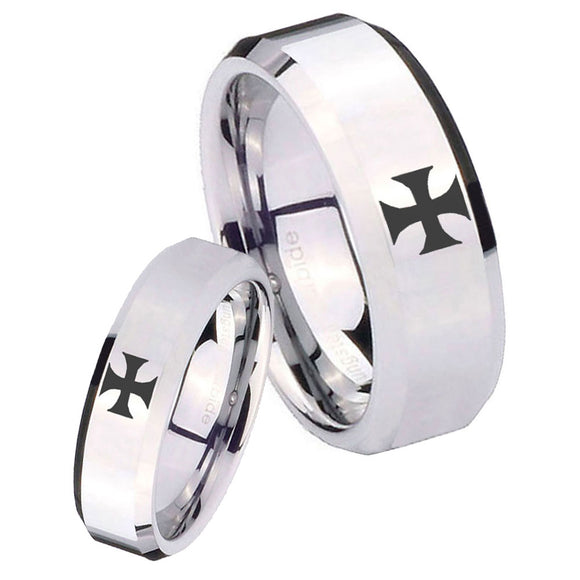 His and Hers Maltese Cross Beveled Edges Silver Tungsten Promise Ring Set
