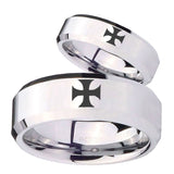 His and Hers Maltese Cross Beveled Edges Silver Tungsten Promise Ring Set
