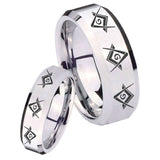 His Hers Master Mason Masonic  Beveled Edges Silver Tungsten Custom Mens Ring Set