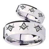 His Hers Master Mason Masonic  Beveled Edges Silver Tungsten Custom Mens Ring Set