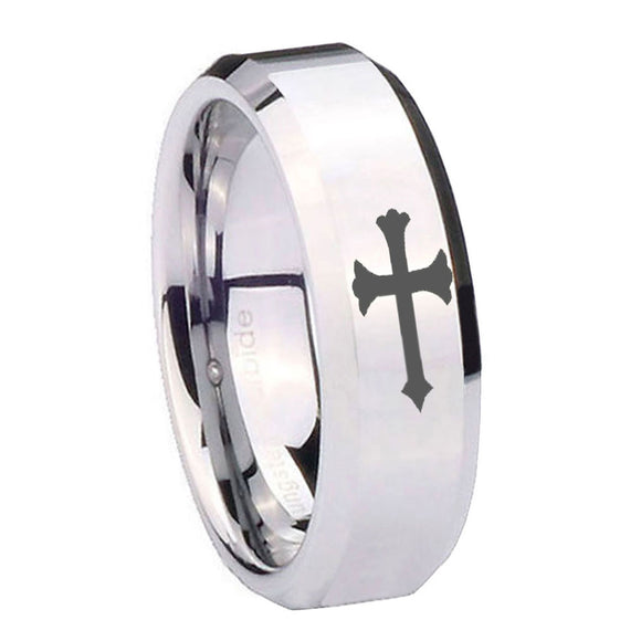 10mm Christian Cross Beveled Edges Silver Tungsten Carbide Custom Mens Ring