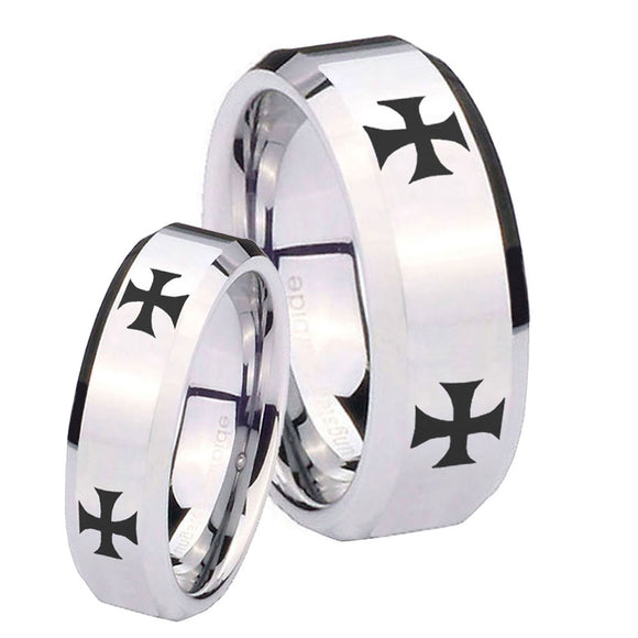His Hers 4 Maltese Cross Beveled Edges Silver Tungsten Mens Ring Set