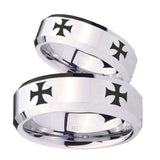 His Hers 4 Maltese Cross Beveled Edges Silver Tungsten Mens Ring Set