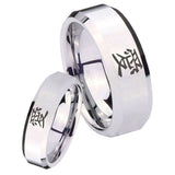 His and Hers Kanji Love Beveled Edges Silver Tungsten Engagement Ring Set