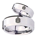 His Hers Army Sergeant Major Beveled Edges Silver Tungsten Men Band Set