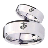 Bride and Groom Marine Beveled Edges Silver Tungsten Carbide Mens Ring Set