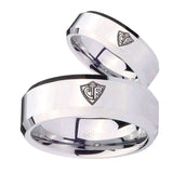 Bride and Groom CTR Beveled Edges Silver Tungsten Engraved Ring Set