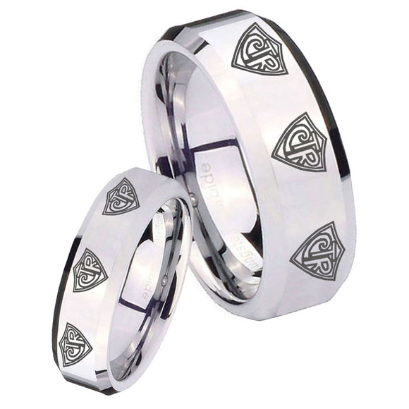His Hers Multiple CTR Beveled Edges Silver Tungsten Mens Promise Ring Set