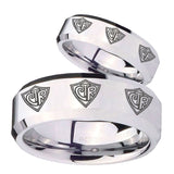 His Hers Multiple CTR Beveled Edges Silver Tungsten Mens Promise Ring Set