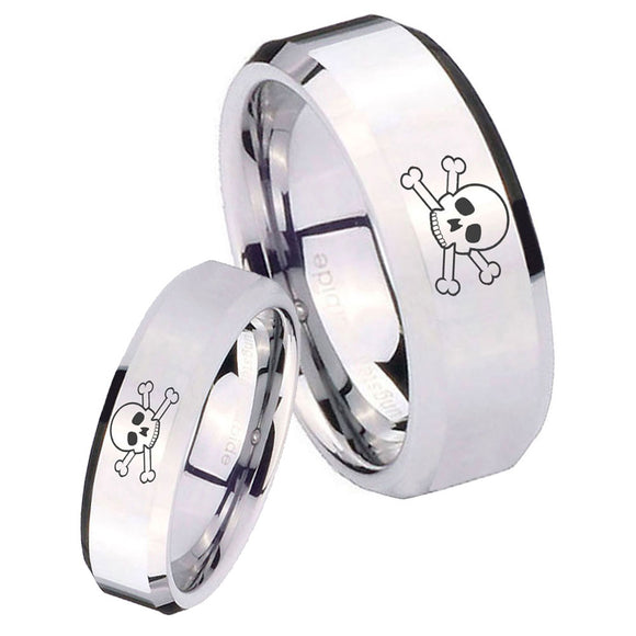 His and Hers Skull Beveled Edges Silver Tungsten Mens Engagement Ring Set