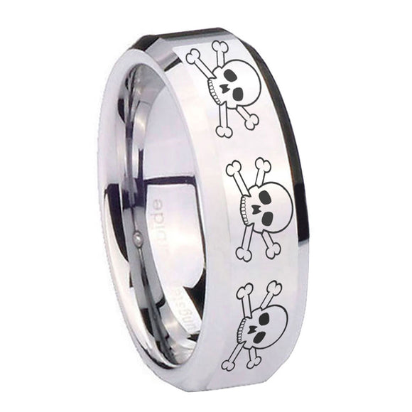 10mm Multiple Skull Beveled Edges Silver Tungsten Carbide Mens Ring Personalized