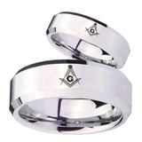 His Hers Master Mason Beveled Edges Silver Tungsten Custom Ring for Men Set