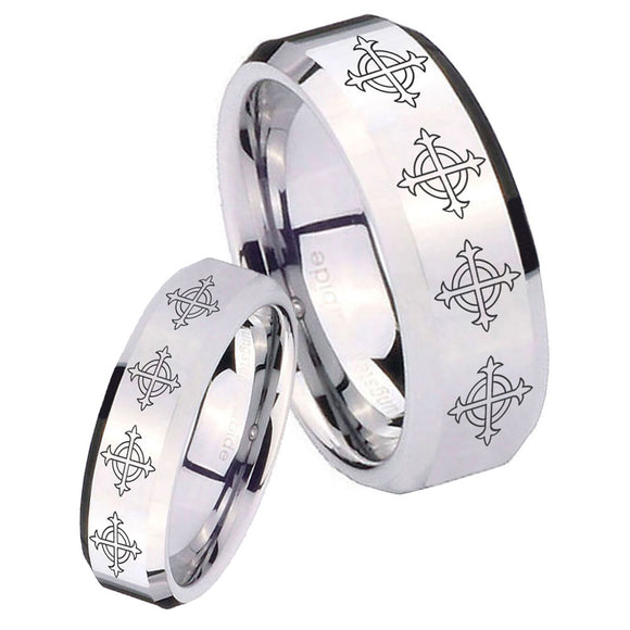 His Hers Multiple Crosses Beveled Edges Silver Tungsten Wedding Band Ring Set