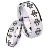 His Hers Multiple Fleur De Lis Beveled Edges Silver Tungsten Engagement Ring Set