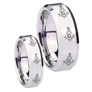 His Hers Multiple Master Mason Masonic Beveled Silver Tungsten Men Ring Set