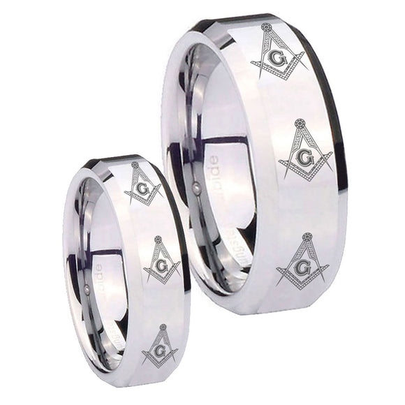 His Hers Multiple Master Mason Masonic Beveled Silver Tungsten Men Ring Set