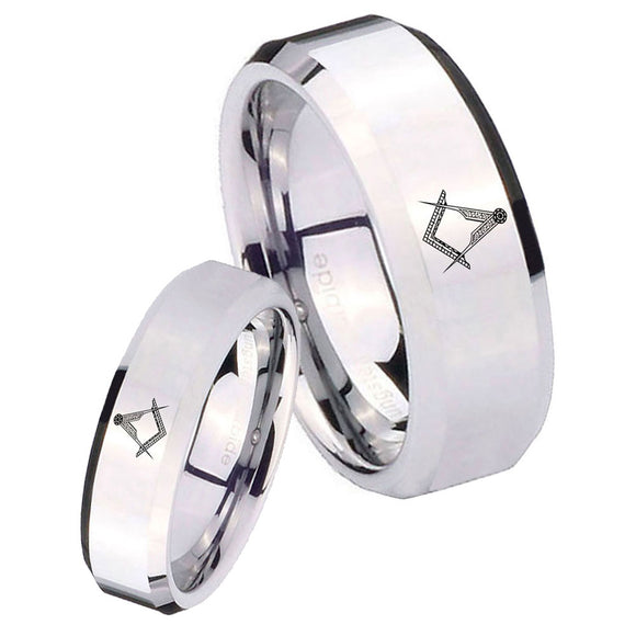 His and Hers Masonic Beveled Edges Silver Tungsten Mens Promise Ring Set